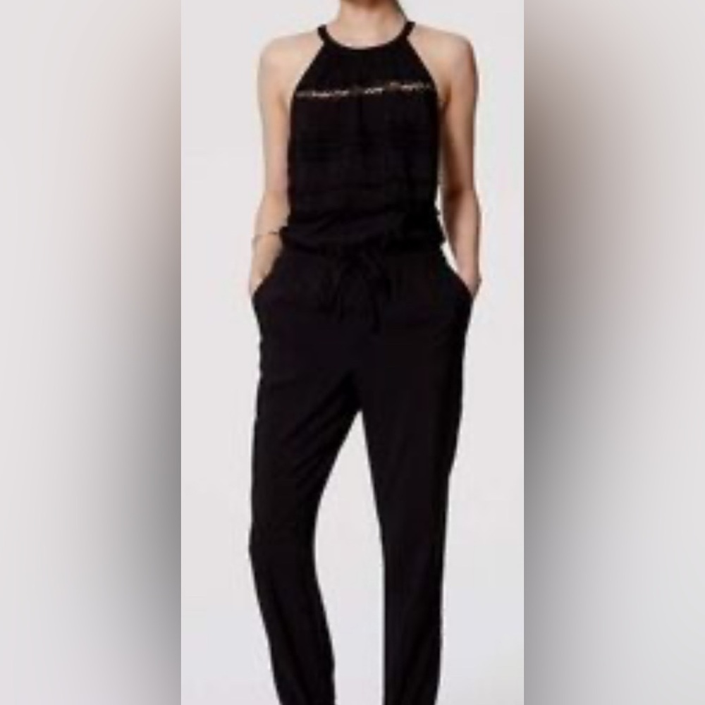 Ann Taylor LOFT Women Sz M Black Sleeveless Jumpsuit Romper Pockets Boho Crochet